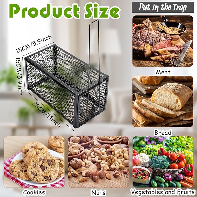 Qualirey 2 Pcs Humane Rat Trap Chipmunk Rodent Mouse Squirrel Trap 11 x 6 x 6 Inches Small Live Animal Mouse Voles Hamsters Live Cage Rat Cage for Mice Easy to Catch and Release, Black