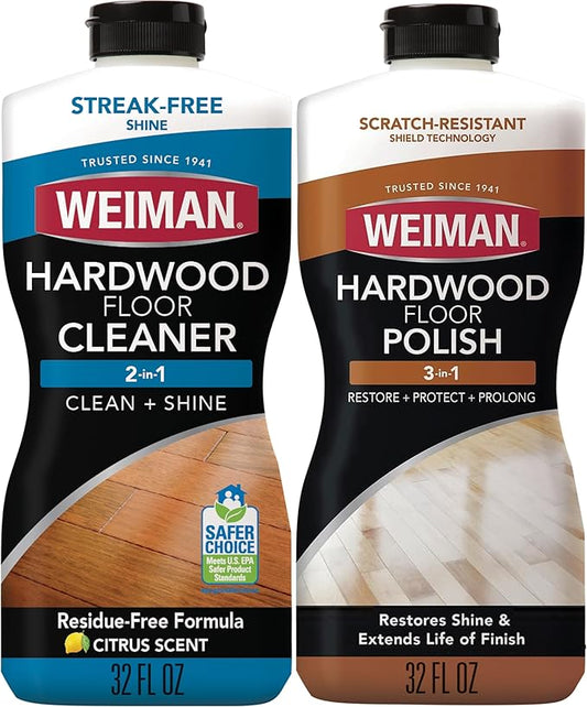 Weiman Hardwood Floor Cleaner and Polish Restorer Combo - 2 Pack - High-Traffic Hardwood Floor, Natural Shine, Removes Scratches, Leaves Protective Layer