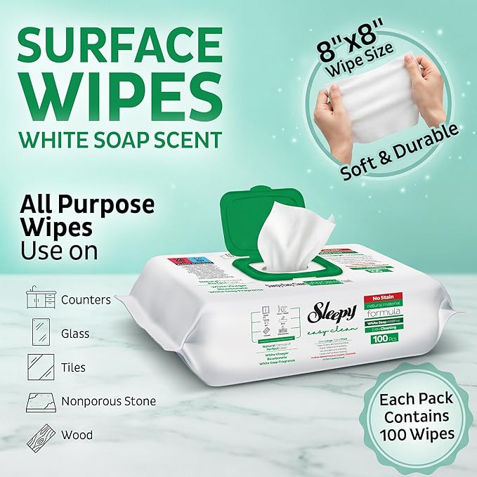 Sleepy Easy Clean XL Multi Surface Cleaning Wipes (100 Count) – Natural Vinegar & Baking Soda Formula – Jumbo 8"x8" All Purpose Wet Wipes for Kitchen, Bathroom, Glass & Electronics – No Streak