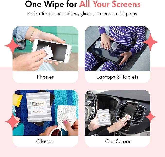 Well-Kept Tech & Lens Wipes - Eyeglass, Screen & Phone Cleaning, Multi-Surface, Lint-Free, Pre Moistened, Streak-Free & Non Scratching - Hamptons, 12 Pack (180 Count)