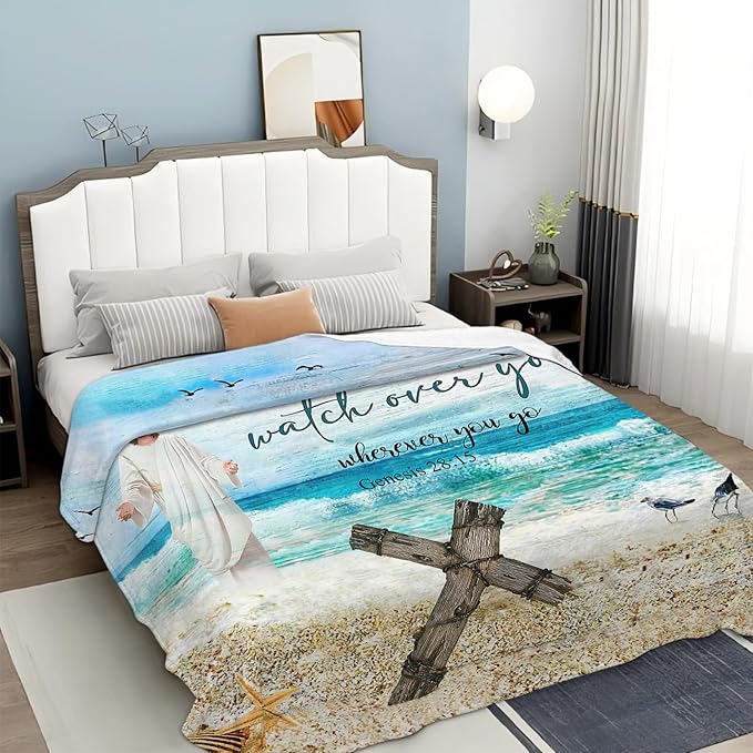 Tijuboni Christian Religious Jesus Throw Blanket Ocean Beach Gifts for Women Men Girls Boys Kids Adults Soft Flannel Fleece Blanket for Couch Sofa Bed Home Decor 60"x80"