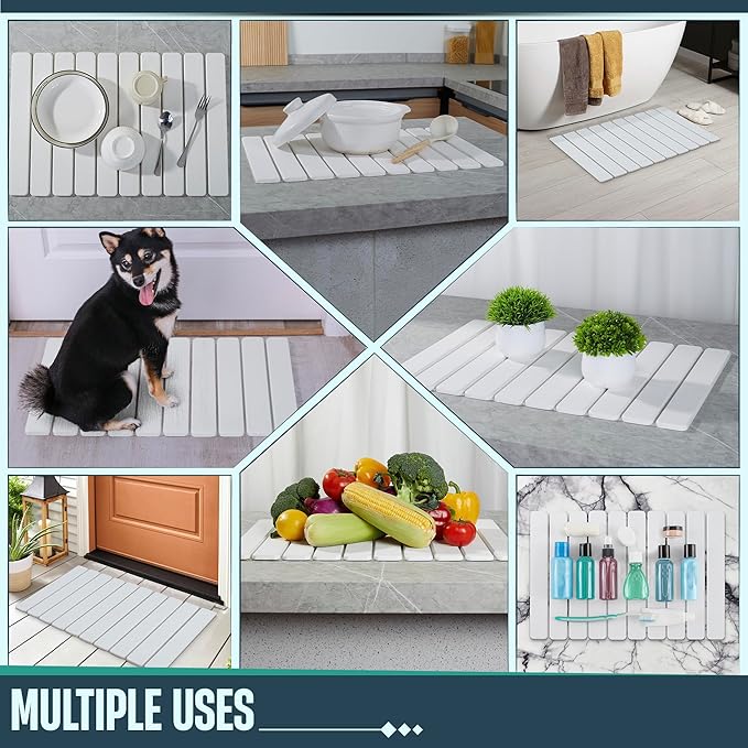 Stone Drying Mat for Kitchen Counter, 24"x16" Large Collapsible Dish Drying Mat with Non-Slip Pad and Sandpaper, Rolling Design, Quick Dry for Dishes, Bottles, Utensils