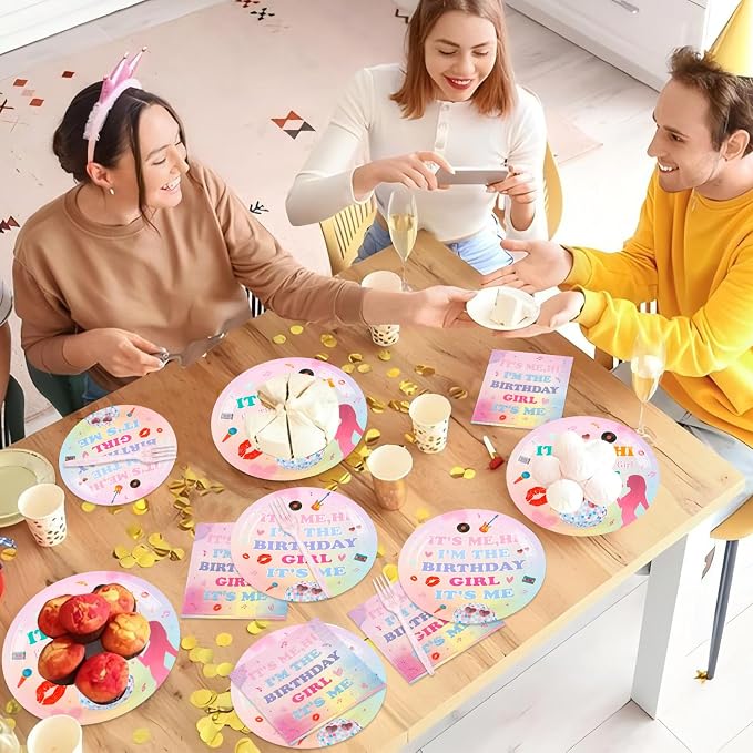 200PCS Its Me Hi Im The Birthday Girl Its Me Party Supplies Serve 50,Birthday Paper Plates,Napkins,And Forks Kit for Music Party Decoration.