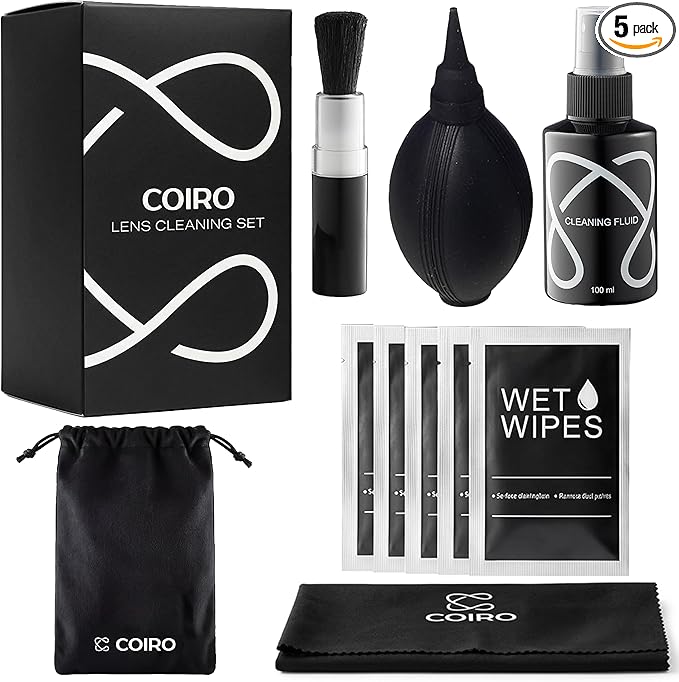 С Coiro Camera Lens Cleaning Kit – Camera Air Blower, Lens Cleaner Spray 100ml, Soft Brush, Wet Wipes & Cloth – DSLR Mirrorless Camera Cleaner