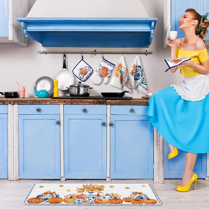 Fanfanwin 10 Pcs Thanksgiving Pumpkin Kitchen Decor Set Kitchen Towels Pot Holders Oven Mitts and Rugs Set Blue and White Porcelain Decor for Baking Cooking BBQ Home