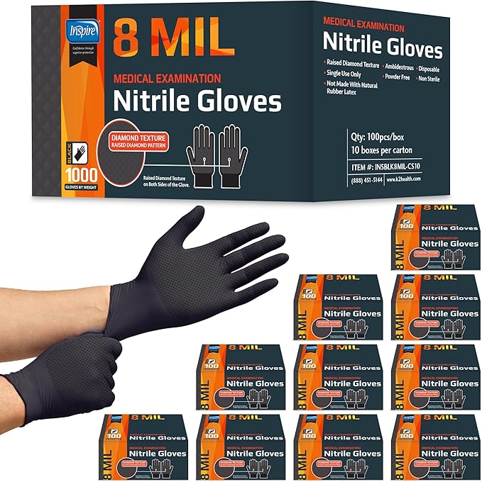 Inspire HEAVY DUTY ORIGINAL Stretch Nitrile Black Gloves Disposable Latex Free | Food, Mechanic, 6mil Black or 8 Mil Orange