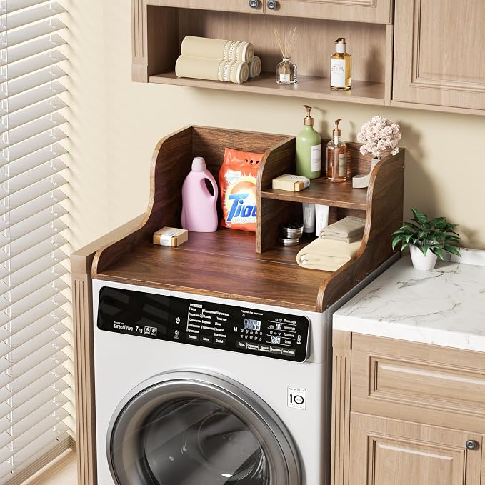 DTK Washer Dryer Countertop with Shelf,27.5" D x 27" W x 11.8" H Wood Countertop for Washer and Dryer,Laundry Countertop with Anti-Slip Strips and Edge Rails,Dryer Countertop for Laundry Room(Walnut)