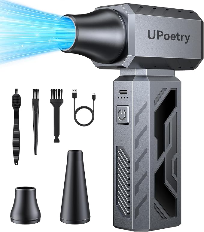 130,000 RPM Electric Air Duster & PC Cleaning Kit, Stepless Speed Adjustable Compressed Air Blower, Rechargeable Cordless Mini Turbo Fan for Keyboard, Car Detailing & Camping, Grey