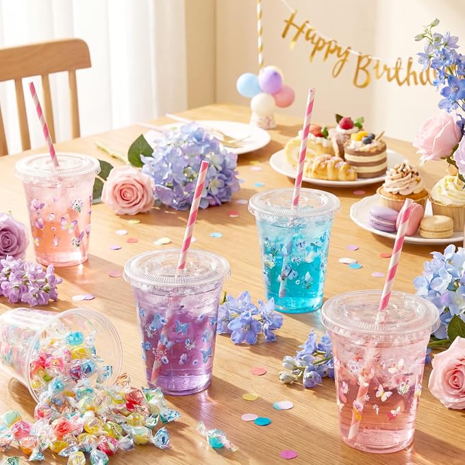 FoldTier 100 Pack Butterfly Plastic Cups with Lids and Straws 12 oz, Disposable Fairy Drinking Cups Clear for Birthday Wedding Party, Baby Shower, Bridal Shower Party Decorations