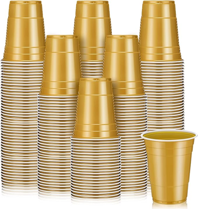 Lounsweer 100 Pcs 16 oz Disposable Party Cups Plastic Heavy Duty Drinking Water Cups for Birthday Baby Shower Wedding BBQ Picnic Party Supplies(Gold)