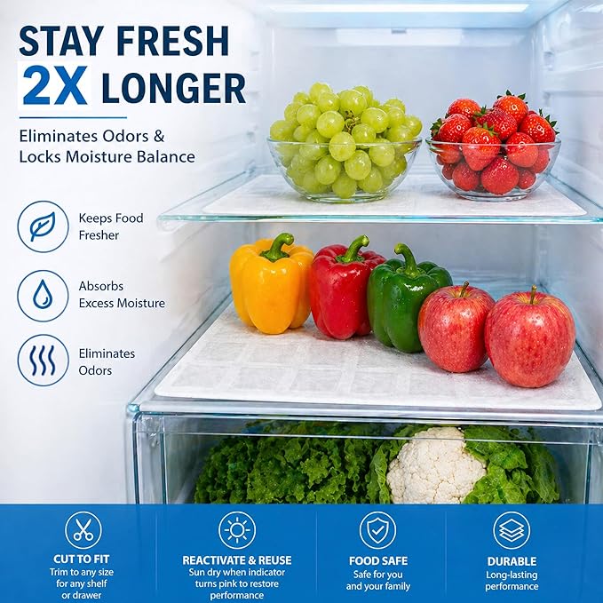 Rechargeable Refrigerator Deodorizer, Unscented Fridge Deodorizer & Moisture Absorber, Odor Eliminator for Fridge & Freezer, Long-Lasting Cut-to-Fit Fridge Shelf Liner, 11.8 × 19.3 in