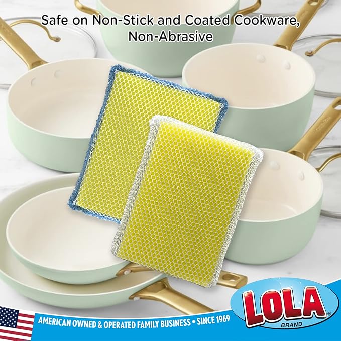 LOLA Microfiber & Nylon Net Sponges, 4 Pack, 2 Dual Sided Non Scratch Sponge Pads & 2 w/Microfiber Cloth One Side and Netting on the Other Side