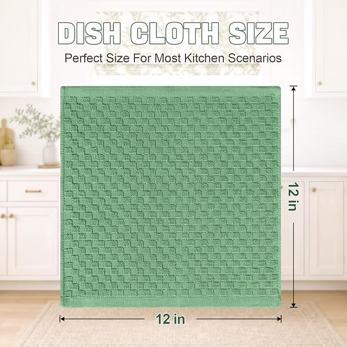 Homaxy 100% Cotton Terry Kitchen Dish Cloths, Ultra Soft Absorbent Dish Towels with Hanging Loop, Pineapple Grid Designed, 12 x 12 Inches, 6-Pack, Grass Green
