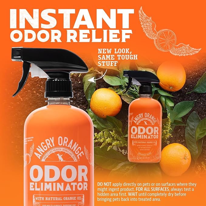 ANGRY ORANGE Pet Odor & Stain Remover - Orange Rush Scent - 24oz Odor Eliminator + 32oz Enzyme Cleaner for Dog & Cat Urine, Carpet Stains & Strong Smells