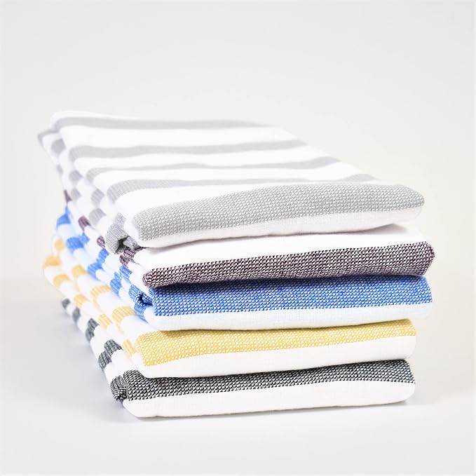 Realm 100% Cotton Stripe Pattern Kitchen Dish Cloths | Ochri Yellow 13" x 13" Inch Soft, Plush & Absorbent Quick Drying Dish Towels (6 Pack)
