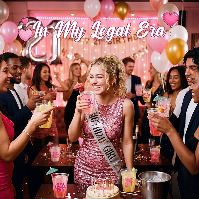 Jingmore 50 Pcs Birthday Plastic Cups 12 oz Birthday Disposable Plastic Cups Thick Clear Drinkware for Men Women Celebrate Party Supplies(pink 21st)