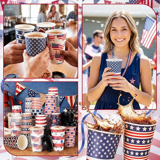 FoldTier 100 Pcs 4th of July Patriotic Disposable Coffee Cups with Lids 12 oz Red White Blue Paper Cups Independence Day Disposable Party Drinkware for Hot Cold Beverages(July 4th)