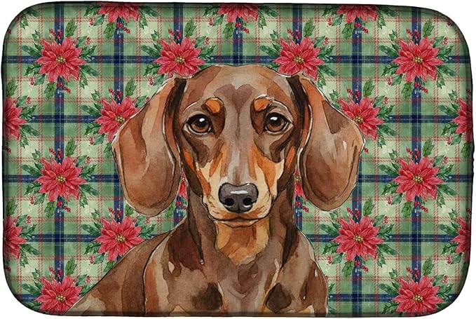 Caroline's Treasures Chocolate and Tan Dachshund Christmas PoinsettIas Dish Drying Mat Absorbent Dish Drying Mat Pad for Kitchen Counter Dish Drainer Mat for Countertop, 14 x 21", Multicolor