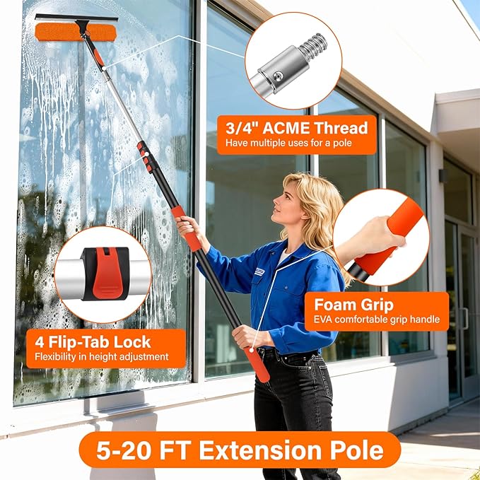 14" Window Squeegee with Extension Pole,26FT Reach High Window Washers for High Outside Windows,Professional Window Cleaning Tool Kit Include Replacement,180°Rotatable Squeegee for Indoor/Outdoor