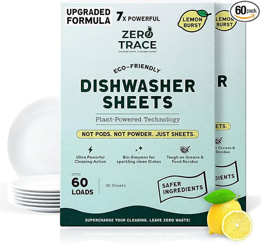 Zero Trace Dishwasher Detergent Eco-Friendly Sheets for Dish Washing - Plant Powered Technology - Lemon Scent - 60 Loads