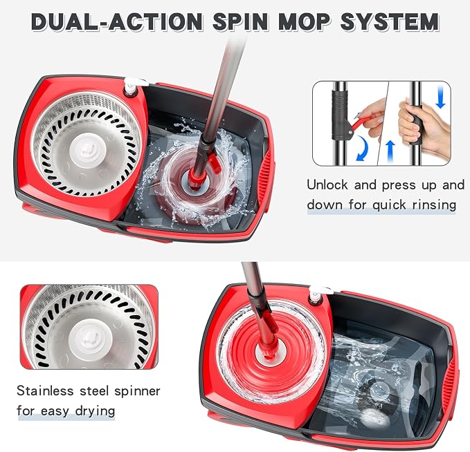 Mop and Bucket Set with Wringer, Spin Mop Floor Cleaning System with 6 Replacement Microfiber Heads & 61" Extra-Long Handle for Home Floor, Dark Grey