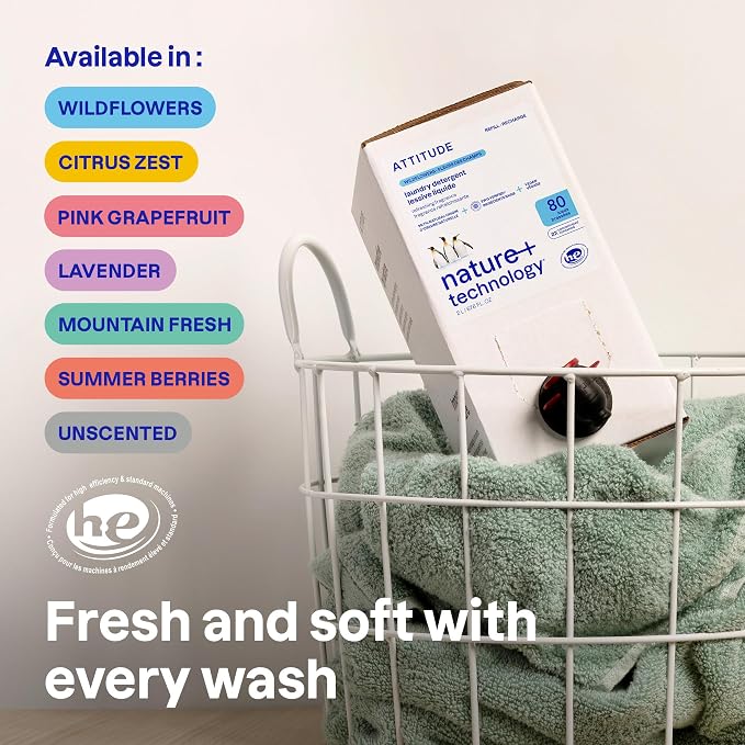 ATTITUDE Liquid Laundry Detergent Refill, EWG Verified, HE Compatible, Plant-Based & Vegan, Natural Laundry Soap, Summer Berries Scent, 80 Loads, 67.6 Fl Oz (Pack of 4)
