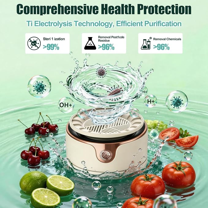 Fruit and Vegetable Washing Machine,Waterproof Fruit and Vegetable Cleaner, Latest Titanium Electrolysis Purification Wireless Charging Suitable for Washing Fresh Produce (Khaki)