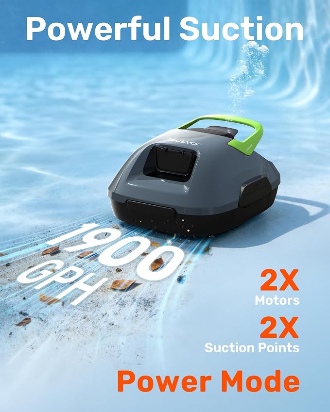 Gosvor LiteVac 800 Pool Vacuum, Dual Cleaning Modes, Cordless Robotic Pool Cleaner Lasts 90 Mis, Self-Parking, Portable, 1200-1900GPH, Ideal for Above Ground Pool up to 860 sq.ft, Green
