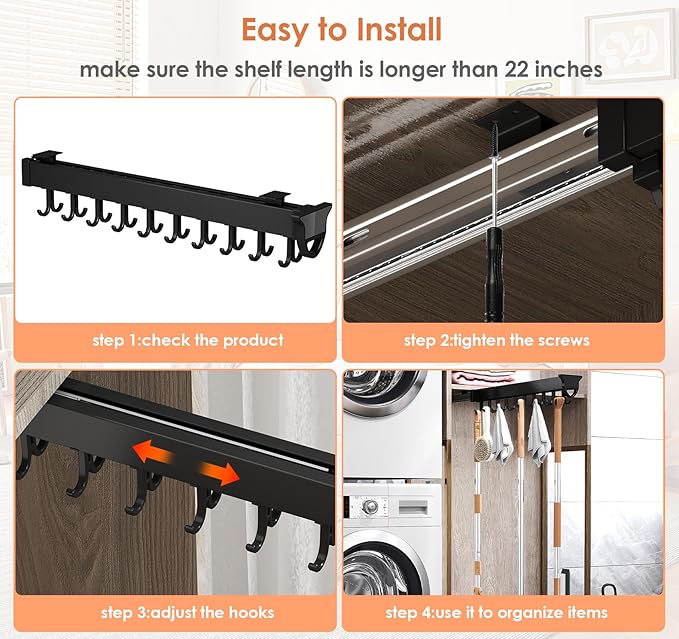 Pull-out Mop and Broom Holder with 20 Sliding Hooks, Slide Broom Closet Organizer Sliding Garage Storage Rack for Home Kitchen Wardrobe Closet Laundry Cupboard