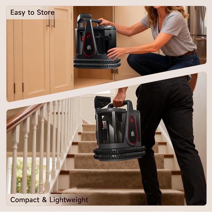 WURESE Portable Handheld Deep Cleaning Spot Cleaner, Pet Stain Carpet & Upholstery Cleaner with Self-Cleaning System, 2 Brush Tools for Couch, Rugs, Stairs and Car Interior, Gray