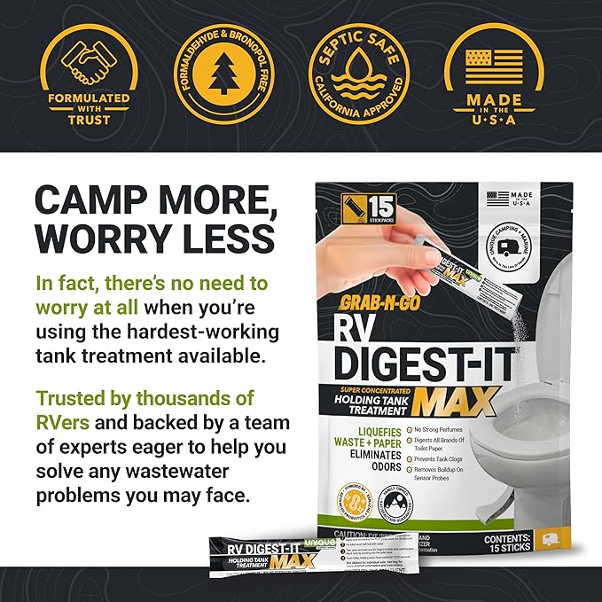Unique RV Digest-It Max RV Toilet Treatment Stick Packs, 15 Count, No-Mess, Pre-Measured, Grab-N-Go Black Holding Tank Treatment, Liquifies Waste and Paper, Odor Eliminator