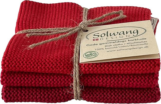 Solwang 3-Piece Danish Cotton Dishcloths in 100% Certified Organic Cotton Made in India (Red Organic Combi)