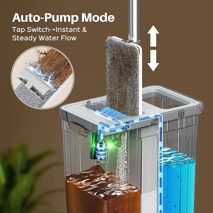 Mop and Bucket Set with AUTO Pump, 3-Zone Separate Dirty and Clean Water, Flat Mop and Bucket System with Wringer and Wheels, 6 Reusable Microfiber Pad, One-Touch Water Filling for Home Cleaning