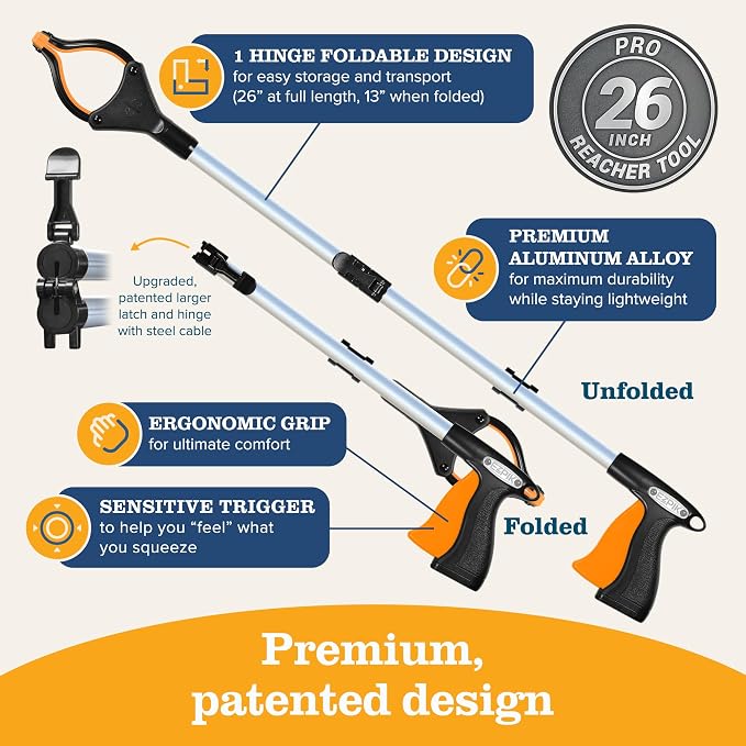 EZPIK Pro 26" Foldable Grabber Reacher Tool for Seniors - Grabbers for Elderly Reaching Tool Heavy Duty Pickup Trash Picker Upper Equipment - Claw Grabber Stick for Reaching Aids, Weed Gripper