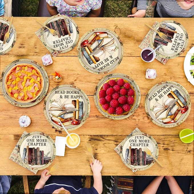 Greencian 112Pcs Vintage Book Party Decorations, Retro Library Reading Themed Disposable Plates Napkins Forks and Gift Bags Set, Book Club Tableware Supplies for Birthday Party Serves 24
