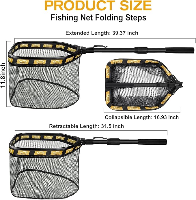 PLUSINNO Floating Fishing Net for Steelhead, Salmon, Fly, Kayak, Catfish, Bass, Trout Fishing, Rubber Coated Foldable Landing Net with Fixed or Telescoping Pole Handle, Fishing Gear and Gifts for Men