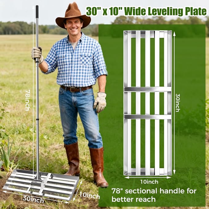 30" x 10" Lawn Leveling Rake, Heavy Duty 304 Stainless Steel Lawn Leveler | 78" adjustable handle, Curved edge for smooth leveling, reinforced triangle support, professional-grade build