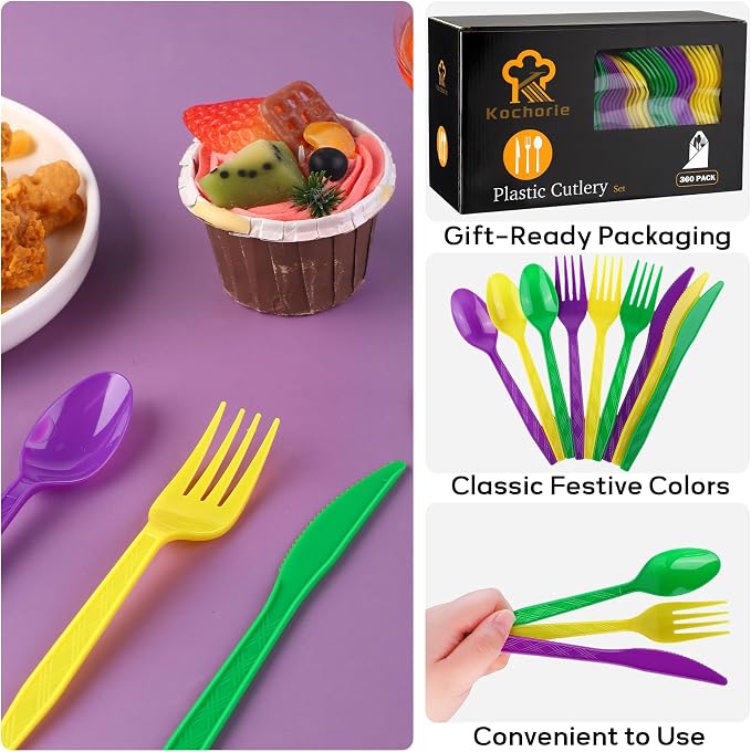 Kochorie 90 Pieces Mardi Gras Plastic Cutlery Set Purple Yellow Green Disposable Plastic Utensils Heavy Duty Flatware Set Include 30 Knives 30 Forks 30 Spoons for Carnival Masquerade Birthday Party