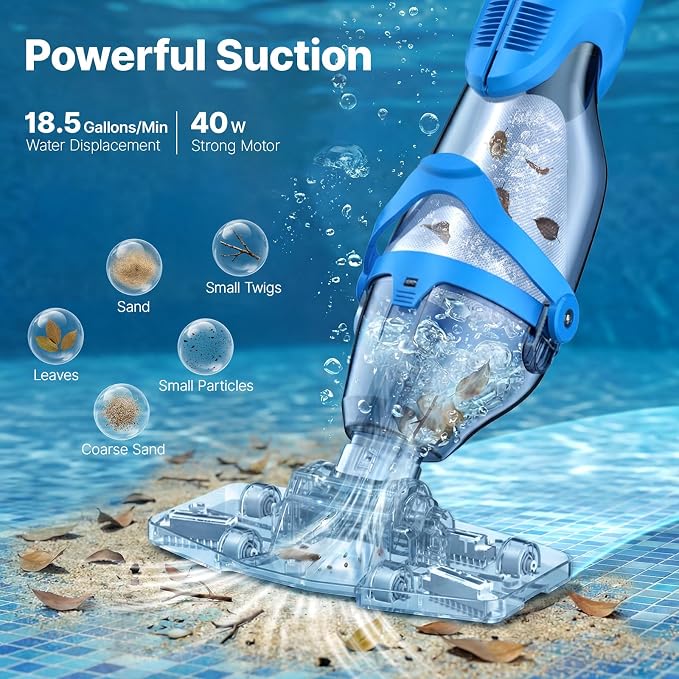 OGERY Pool Vacuum for Above Ground Pool, Up to 18.5GPM Flow & 50KPA Powerful Suction, 60Mins Runtime, Telescopic Pole Cordless Pool Vacuum for Inground Pools, Handheld Pool Vacuum for Spas/Hot Tubs