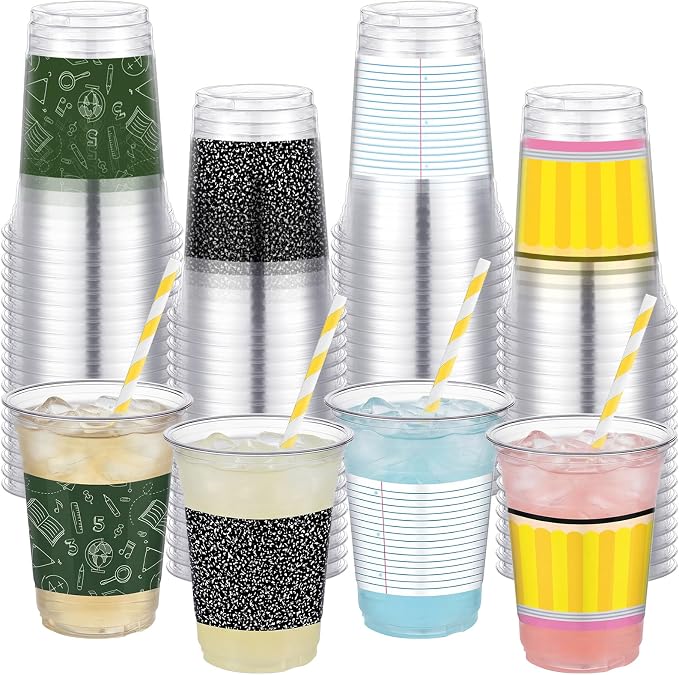 Vesici 50 Pcs Back to School Disposable Cups Bulk 16 oz Composition Notebook Pencil Plastic Drinking Cups with Lids and Straws for First Day of School Classroom Party Supplies