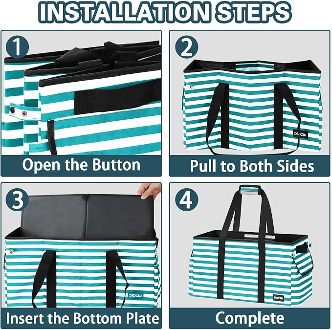 Standing Extra Large Utility Tote Bag with Hard Bottom & Hard Sides, Heavy Duty Reusable Grocery Bags with Handles & 3 Pockets for Shopping, Picnics, Camping, Laundry, Car, Beach Tote Bag