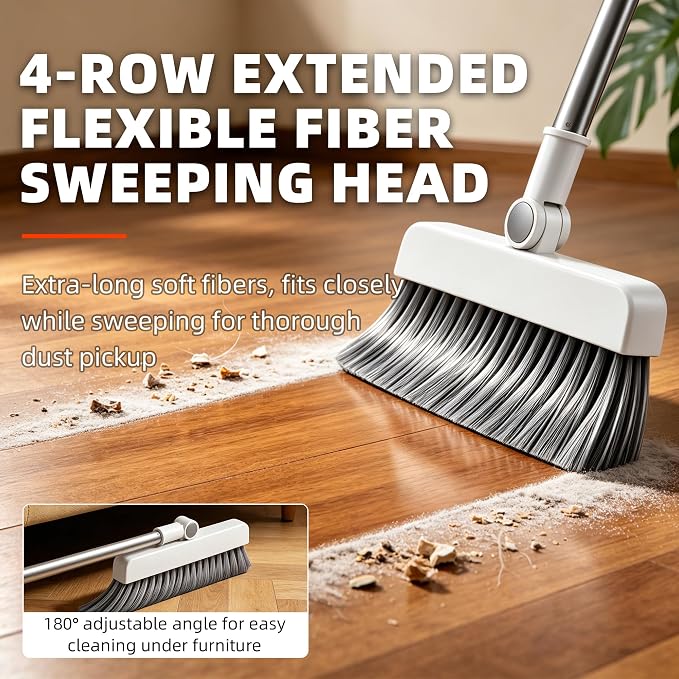SDSM Broom with Dustpan Combo Set, 4 in 1 Multifunctional Broom and Dustpan with 52" Long Handle, Concealed Squeegee and Cleaning Brush, for Clean Home Kitchen Bathroom Office, Indoor Outdoor Floor