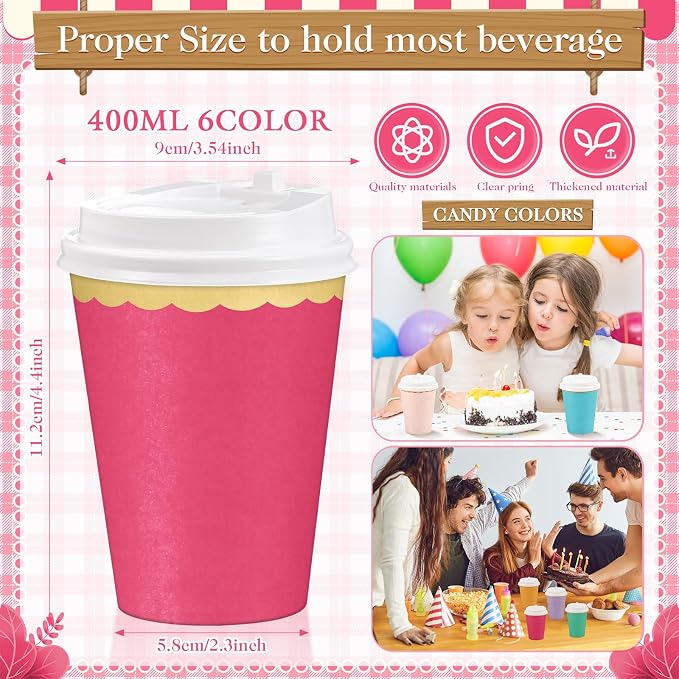 Willinglong 60 Pcs Fall Disposable Paper Cups with Lids 12oz Thanksgiving Coffee Cups with Golden Lace Drinkware for Birthday Baby Shower Bride Holiday Party Business Events DIY Supplies(Candy Colors)