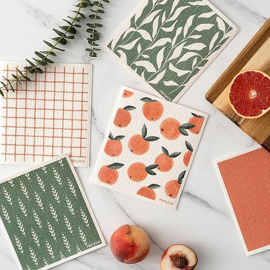 RECYCO Swedish Dishcloths 5 Pack 8" x 7" & Waffle Kitchen Towel Set of 2 16" x 28", Peachy Leaves,