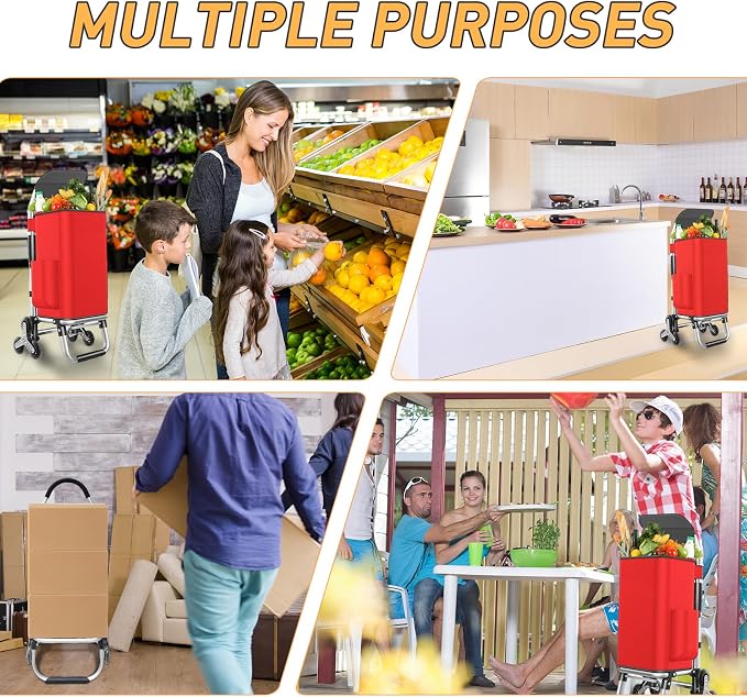 Heavy Duty 3 in 1 Shopping Cart, Foldable Hand Truck with 6 Wheels, 110 lbs Grocery Cart, Portable Utility Dolly, Waterproof Bag for Moving, Camping