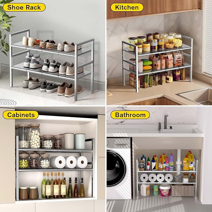 Expandable Under Sink Organizer and Storage, 2-Tier Height Adjustable Under Cabinet Organizer Shelf with 8 Removable Panels for Bathroom Kitchen Multi-Purpose Storage (8 Panels)