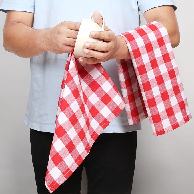 4 Pack Gingham Buffalo Check Kitchen Dish Towels 100% Cotton 16x26 Inches - Super Absorbent Quick Drying Hand Tea Towels, Restaurant Cleaning Towels with Hanging Loop, Red White