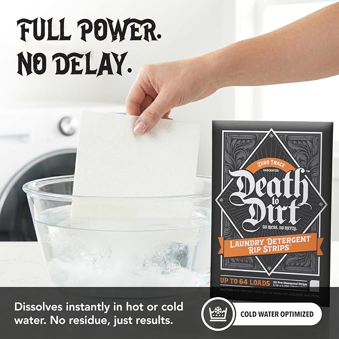 Death to Dirt Laundry Detergent Sheets, 64 Loads, Tough on Stains and Odors, Gentle on Skin and Fabric, Plant-Based & Eco-Friendly, Zero Trace Unscented, 32ct