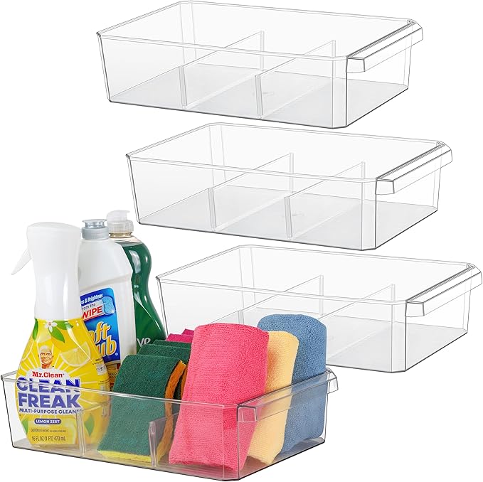 Clear Large Plastic Storage Bins with Removable Dividers, Pantry Organizers and Storage Containers Fridge Organizer Bin for Organizing Kitchen Under Sink Bathroom Refrigerator Organization Freezer