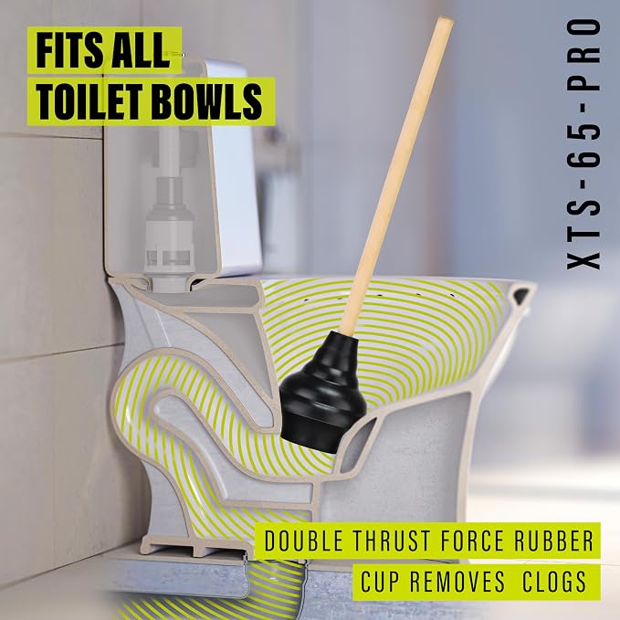 SteadMax XTS-65-PRO Heavy Duty Toilet Plunger, Commercial Grade, Powerful Double Thrust Force Rubber Cup with Wood Handle, for Clogged Bathroom, Shower, and Kitchen (22" x 5.75")